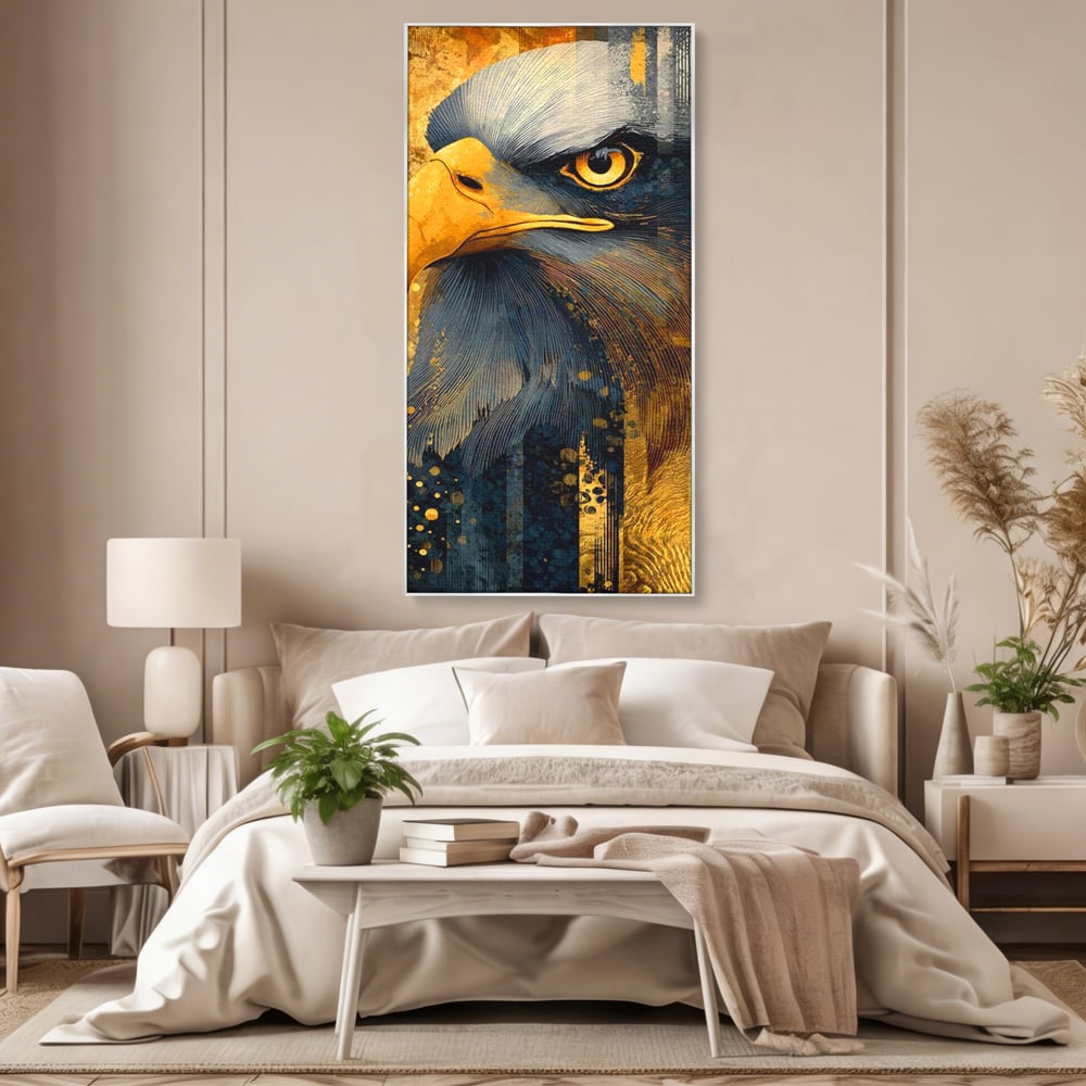 Tablou canvas cu tablou canvas cu vultur in profil, in rama de aluminiu argintiu, pe perete intr-un dormitor
